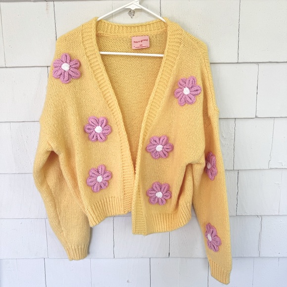Mure+Grand Flowers Follow the Sun Puff Cardigan Sweater Yellow Pink size S/M - Picture 3 of 7